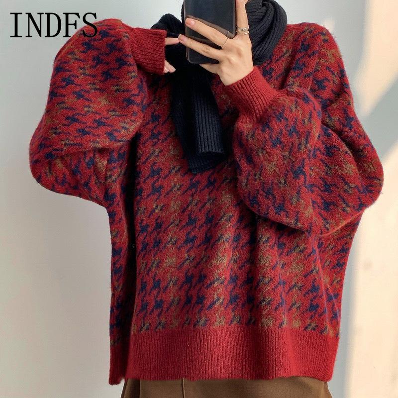 INDFS Women's Fashion Casual Fall Winter Houndstooth Print Long Sleeve O-Neck Sweaters