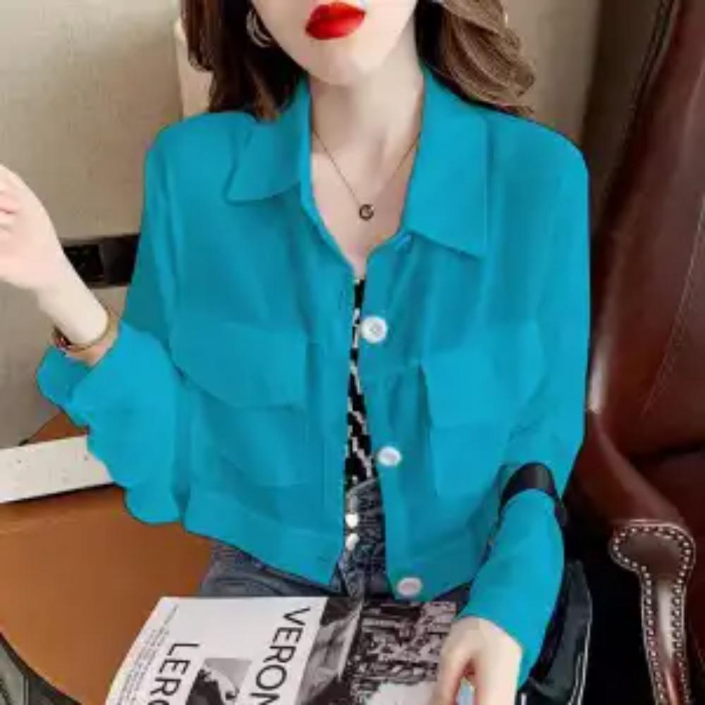 Уличная мода Карманы Блузка Лето Новая Однотонная Все-сочетаемая Отложной воротник Повседневная Корейская Однобортная Прямая Рубашка