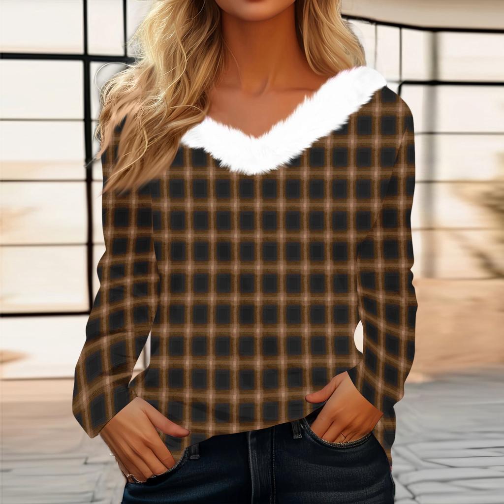 Women's Fashion Long Sleeve Plaid Print Fleece Collar V-Neck Top