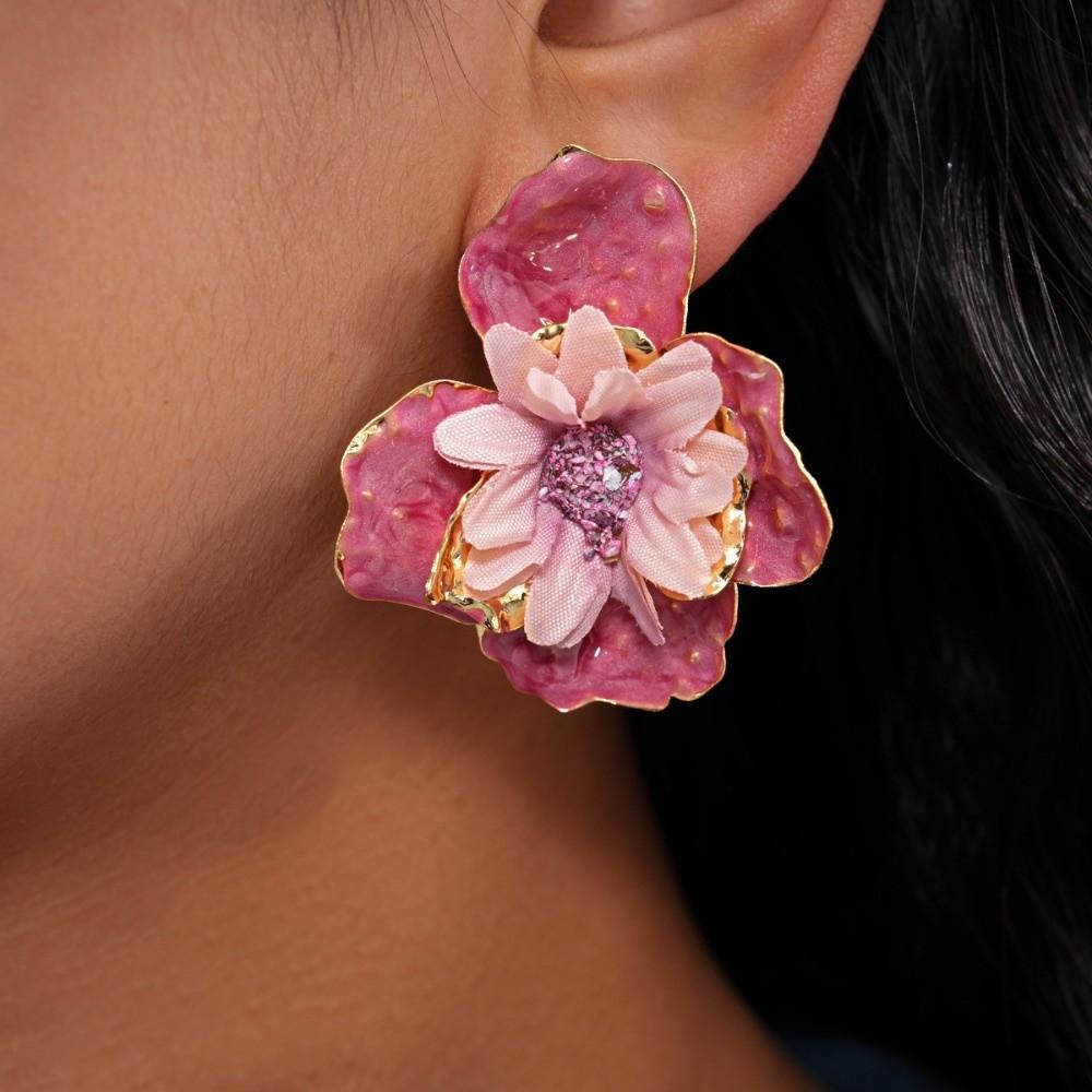 Iron Cloth Colorful Flower Earrings Korean Style Floral Ear Studs Exaggerated Ear Pendant Daily