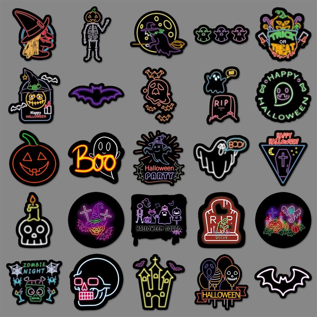 50 Neon Halloween Graffiti Stickers - Cartoon Festival Decorations for Suitcases & Phone Cases