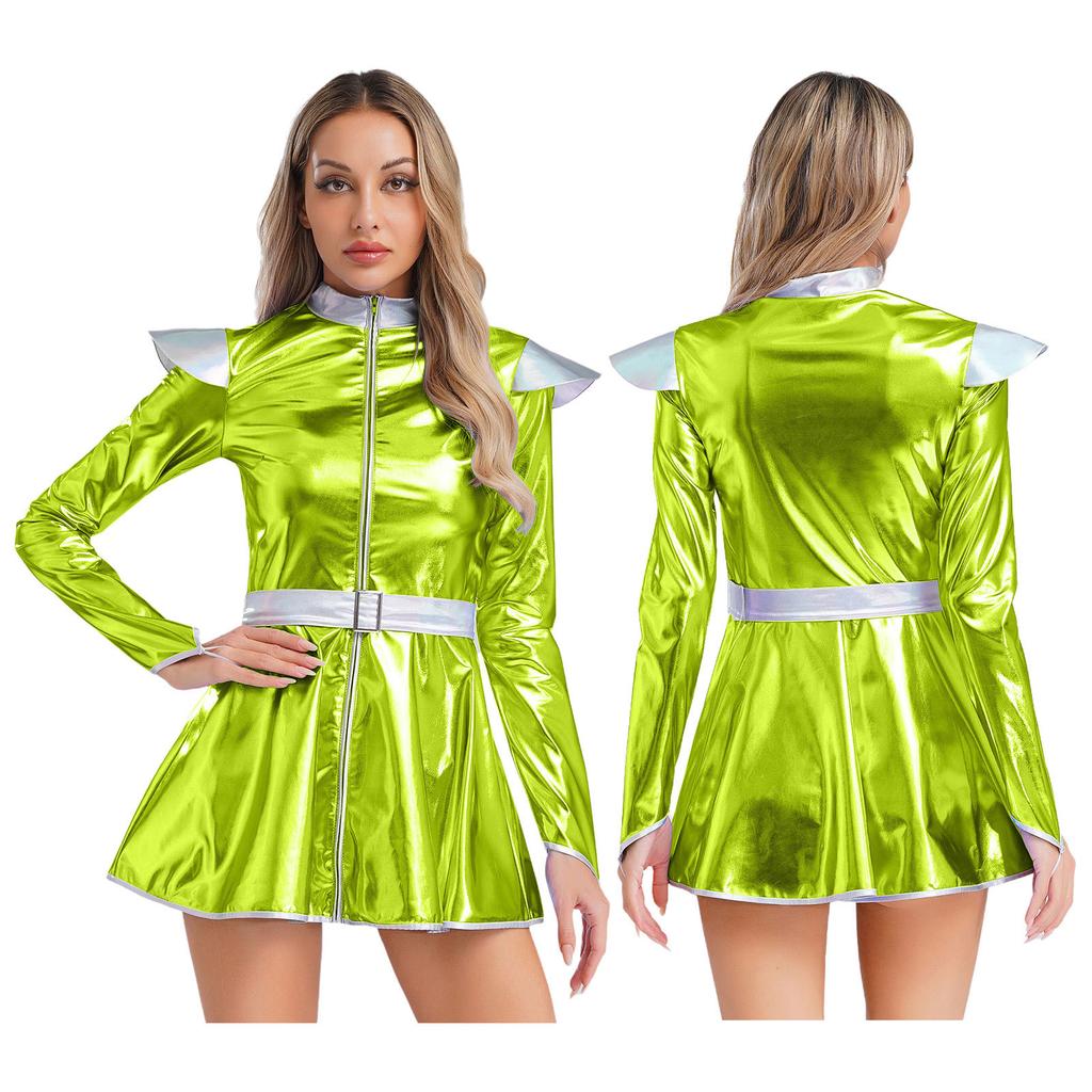 Женский костюм инопланетного робота на Хэллоуин, металлизированное блестящее платье А-силуэта с длинным рукавом и передней молнией, с поясом
