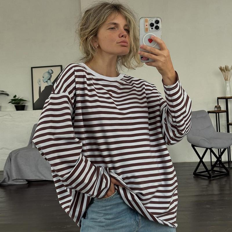 Striped T-shirt Women's Loose Round Neck Long Sleeved Top Retro Contrasting Color Basic Style Thin Commuting 2025 Spring/Summer