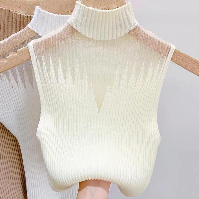 Женская однотонная трикотажная футболка без рукавов скинни, шикарный сетчатый жилет с полувысоким воротом, сексуальный ажурный топ