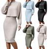 2 Pcs/Set Women Top Dress Suit Mock Collar Thread Long Sleeve Sweater V Neck Sheath Slim