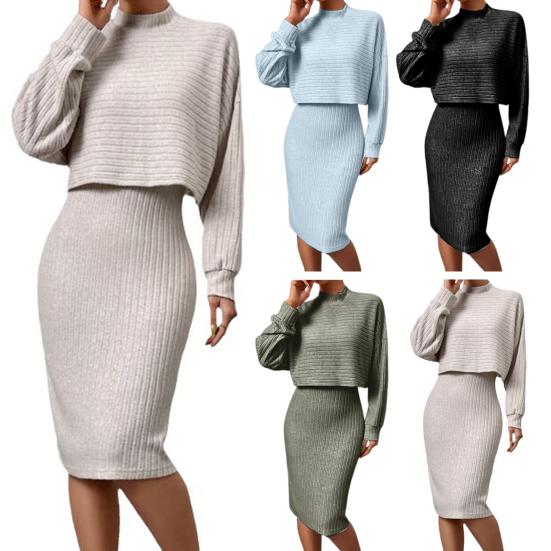 2 Pcs/Set Women Top Dress Suit Mock Collar Thread Long Sleeve Sweater V Neck Sheath Slim