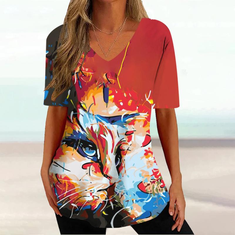 2023 модная женская одежда, топы с короткими рукавами и 3d цветным принтом кошки, повседневные уличные пуловеры, летние женские футболки больших размеров