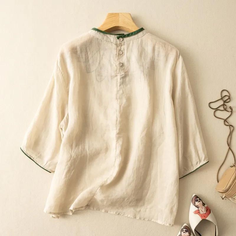 Cotton Shirt Tops Women Summer Linen Loose T-shirt Printed Casual Pullover Vintage Comfortable Soft Top