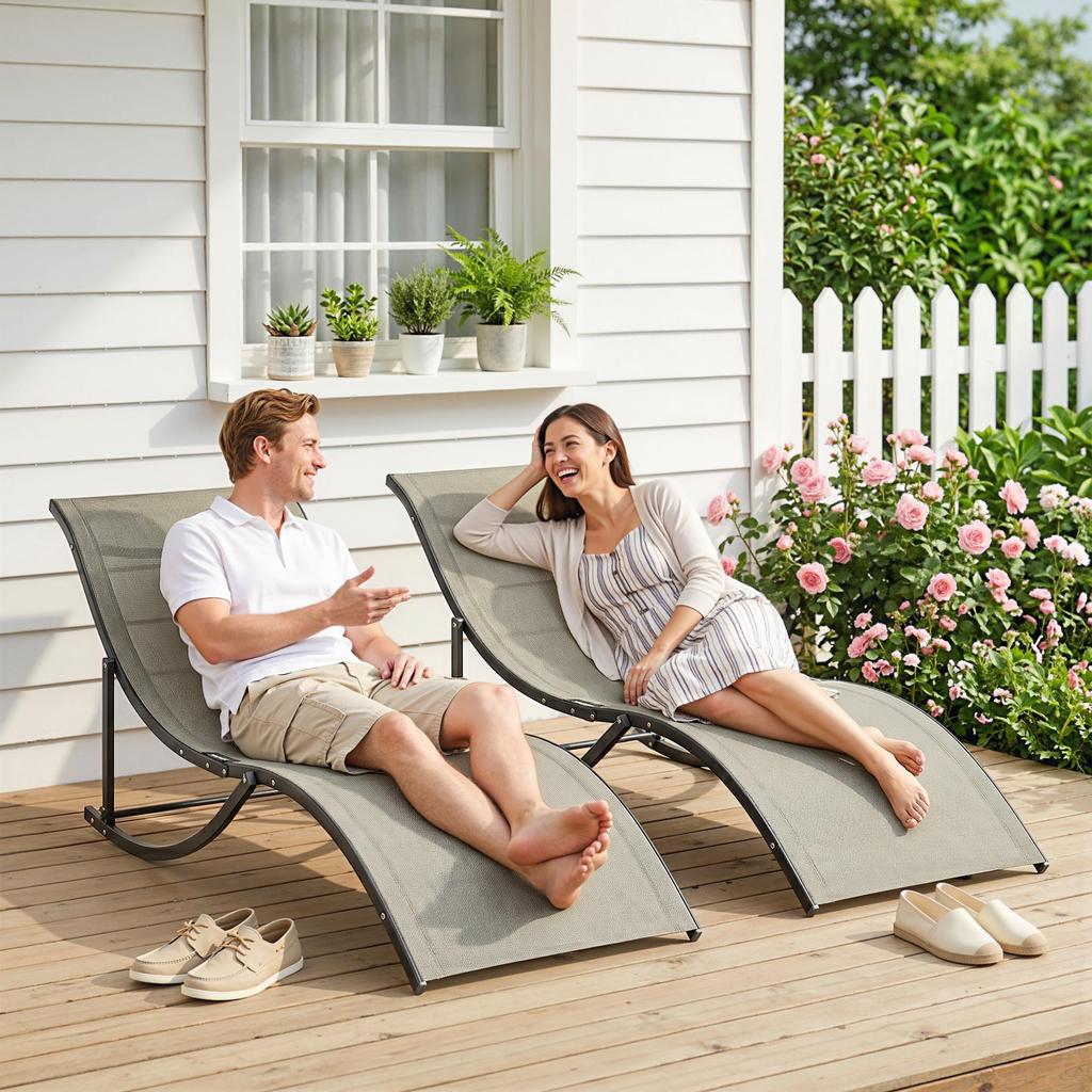 Set of 2 S-shaped Lounge Chair Foldable Sleeping Bed 165x61x63cm Khaki