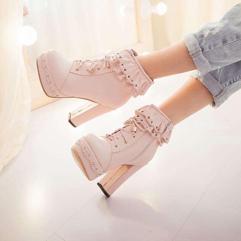 Pink Chunky High Heel Japanese Lolita Shoes Butterfly-knot Ruffle Tassel Womens Cosplay Princess Ankle Boots Winter