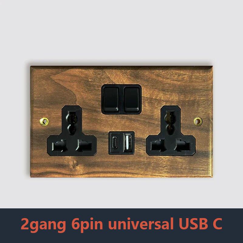 Retro Uk 13A Wall 2gang2way Light Switch,antique Villa High Power USB C Fast Charging Solid Wood Socket,home Speed Dimming Panel