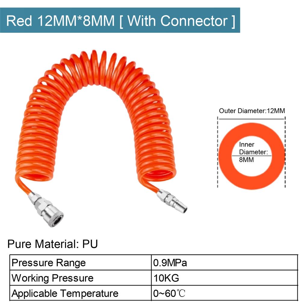 Polyurethane PU Pneumatic Coil Hose 3m 6m 9m 12m 15m Spiral Air Compressor Recoil Tube with C Type Quick Connectors