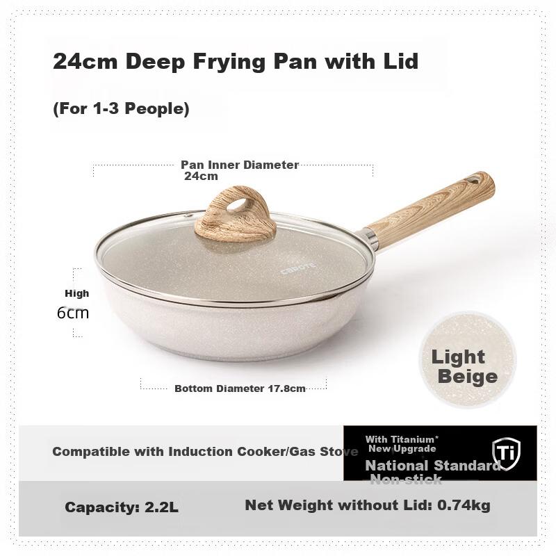 CaROTE Maifan Stone Non-Stick Titanium Frying Pan 24cm for Home Use Steak Pan Small Egg Pancake Pan Induction Cooker Compatible