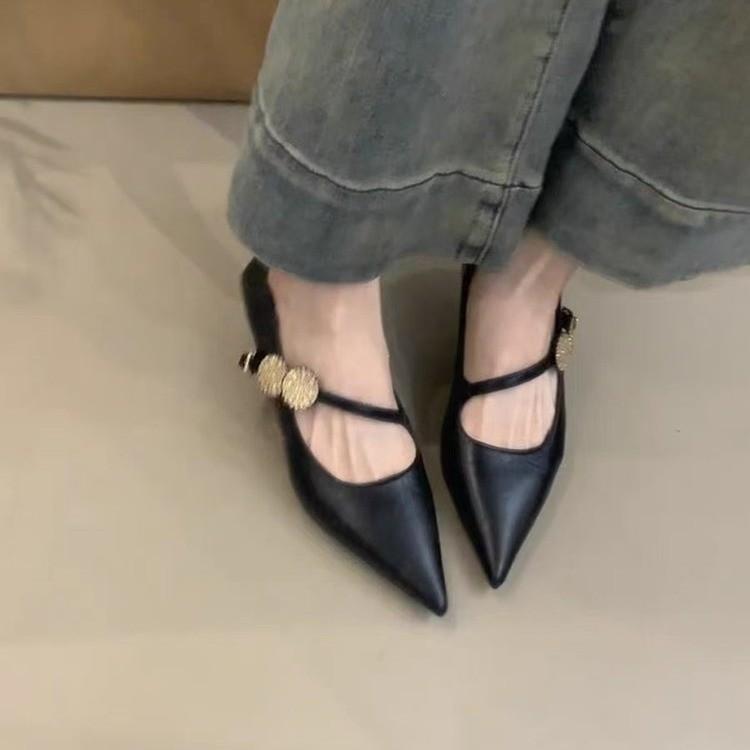 2025 new pointed temperament metal buckle one-word strap high heels light mouth low heel French commuter black single shoes women