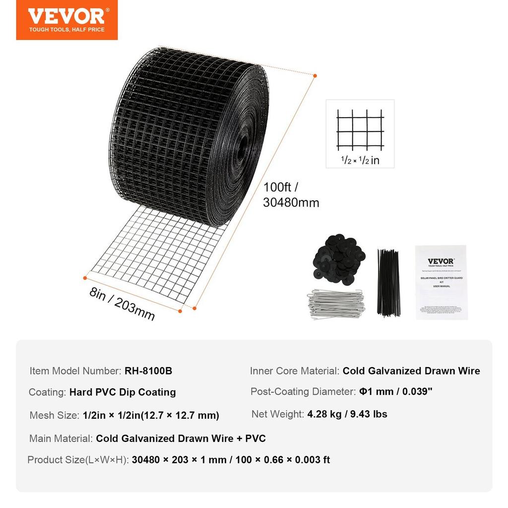 20 x 3048 cm Solar Panel Bird Guard, Critter Guard Roll Kit with 100pcs Aluminum Alloy Fasteners, Solar Panel Guard with Rust-proof PVC Coating, 12.7