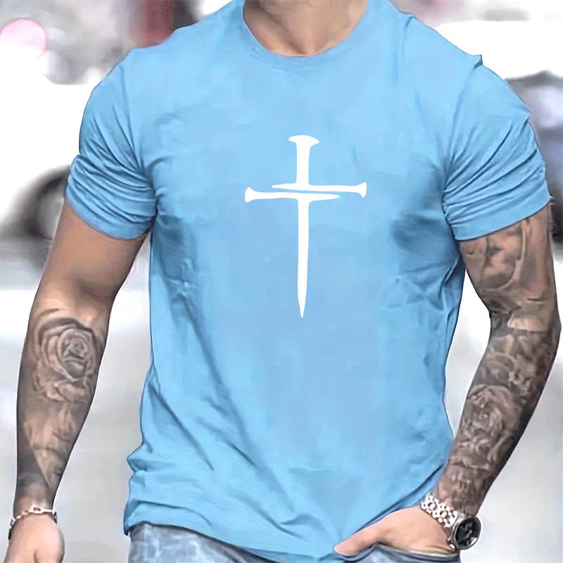 Cotton Short Sleeved Men's T-shirt with Cross Pattern Printed On It, Men's Summer Outdoor Clothing, Daily Style, Fashionable and