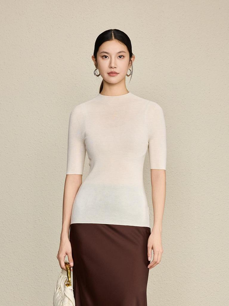 Yangzi 100% Wool Slim-Fit Sweater: 18-Gauge Single-Thread, Semi-High Neck, Mid-Sleeve, Solid Color Base Layer