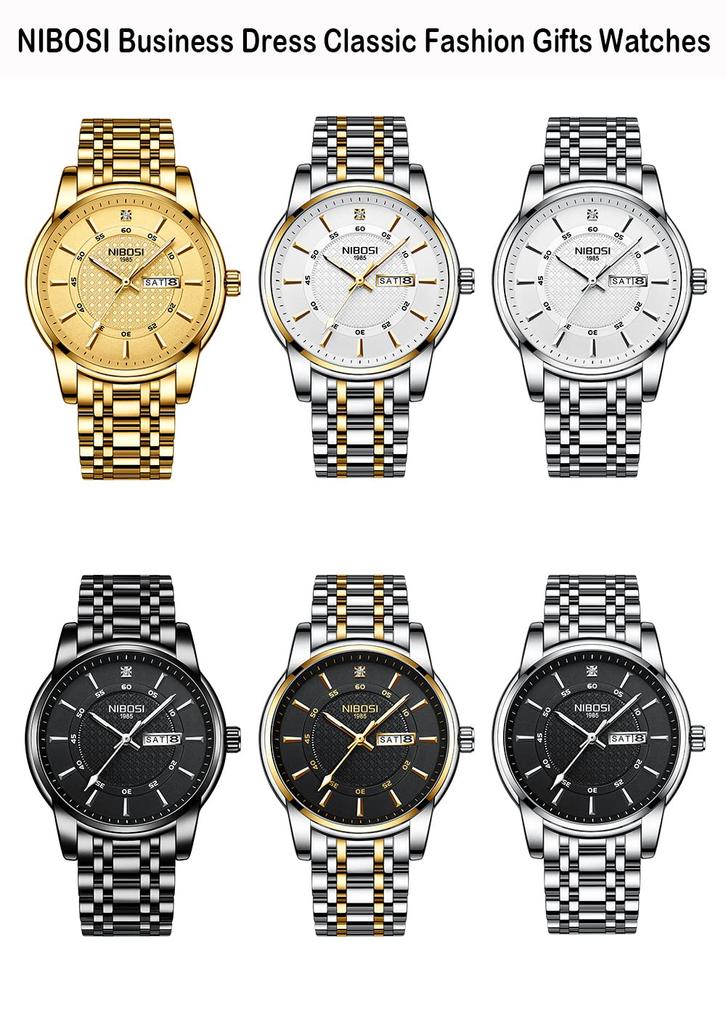 Часы NIBOSI Business Arm Watch, водонепроницаемые, аналоговые, стильные, с металлическим ремешком, классические, из нержавеющей стали, повседневные, с текущей датой, с днем недели, флуоресцентные
