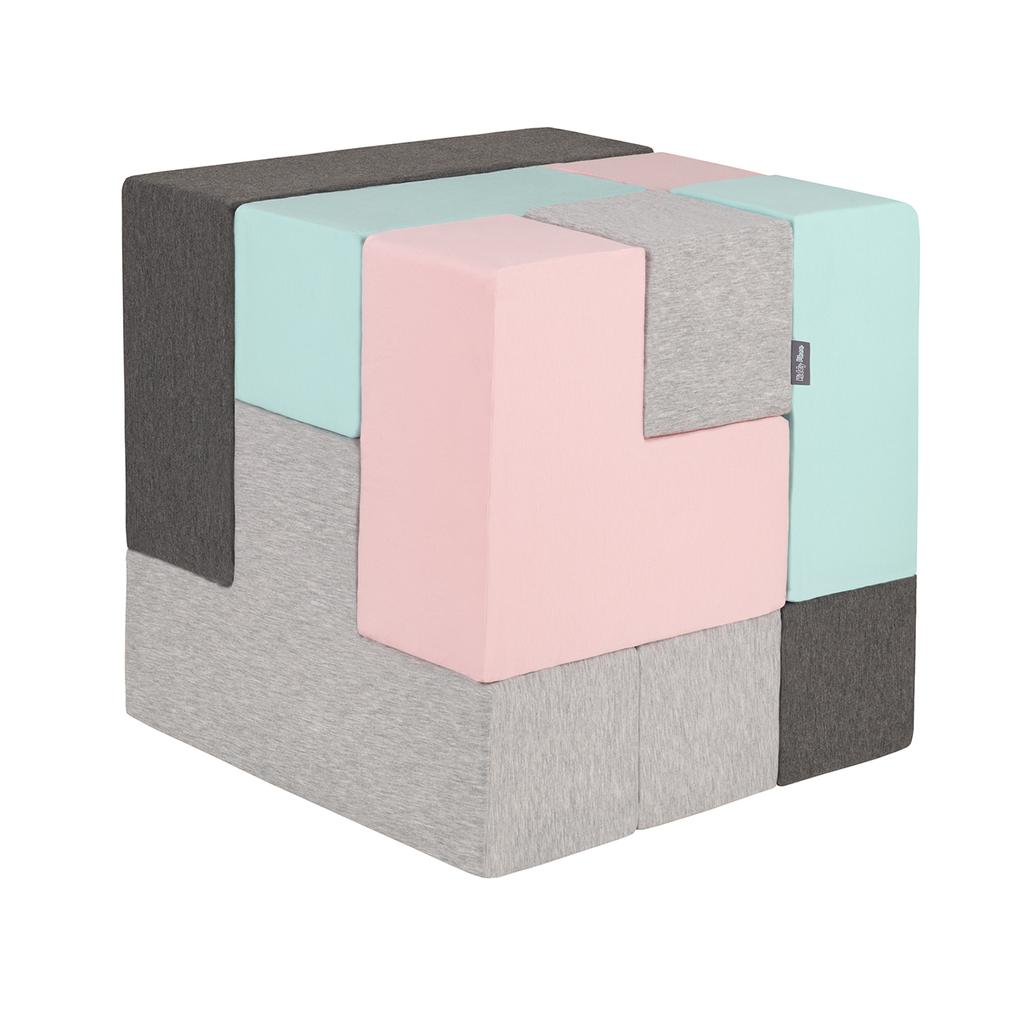 KiddyMoon Soft Foam Cubes Building Blocks 14cm for Children, 9 Pieces, Mix: Light Grey-dark Grey-pink-mint