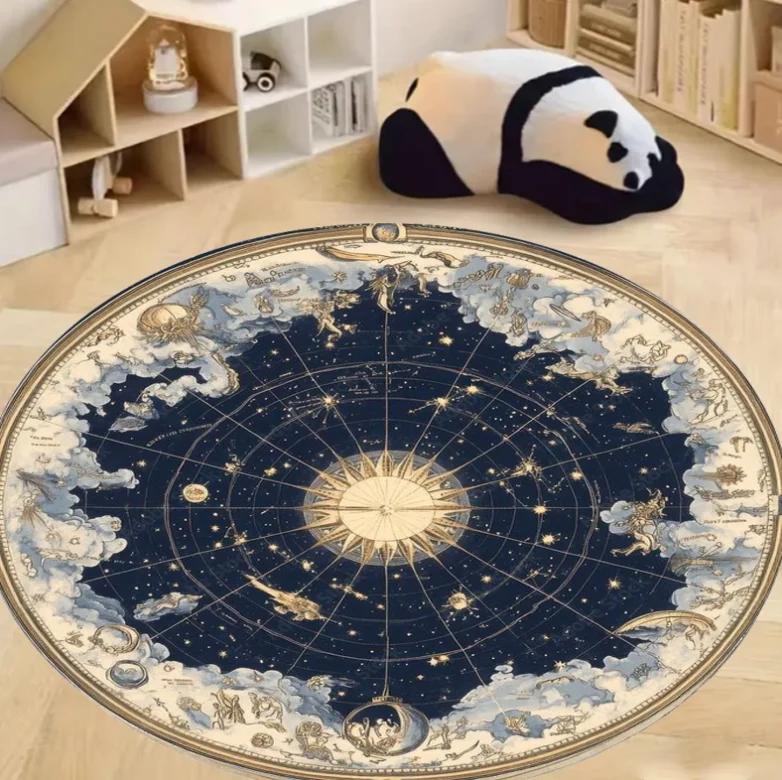 Crystal Velvet Compass Print Round Rug – Washable Non-Slip Mat for Bedroom, Kitchen, Living Room, Bathroom Decor