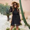Women Summer Casual Long Sleeve High Waist A-Line Knee-Length Dress Solid Color Stand Collar