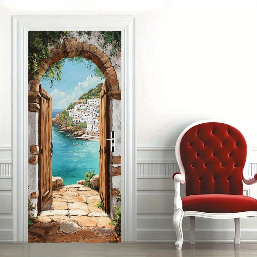 Дверные наклейки в тематике голубого океана с дизайном каменной арки и обоями с средиземноморским пейзажем, подходящие для домашнего декора.