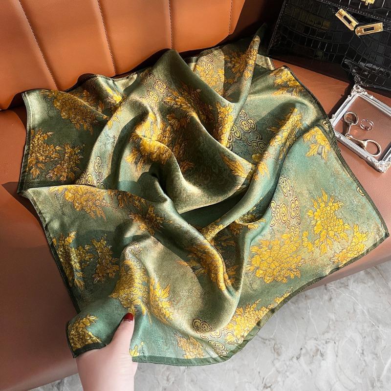 Spring New Plain Crepe Satin Mulberry Silk Silk Scarf Women's High Sense Golden Lamp Peony Printing Silk Square Scarf Silk Gift