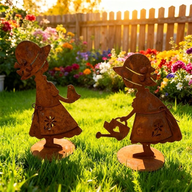 Girl Garden Figure in Iron with Skirt Openings, Warm Finish, and Round Base for Porch, Balcony, Lawn, and Indoor Decoration