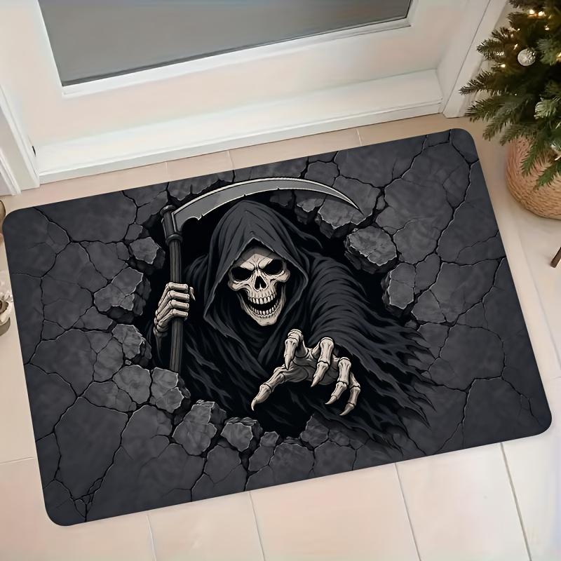 1pc Dark Death Grim Reaper Wall-Breaking Scythe Skull Flannel Mat Entrance Door Mat Hallway Anti-Slip Footpad Bedroom Toilet Absorbent Carpet