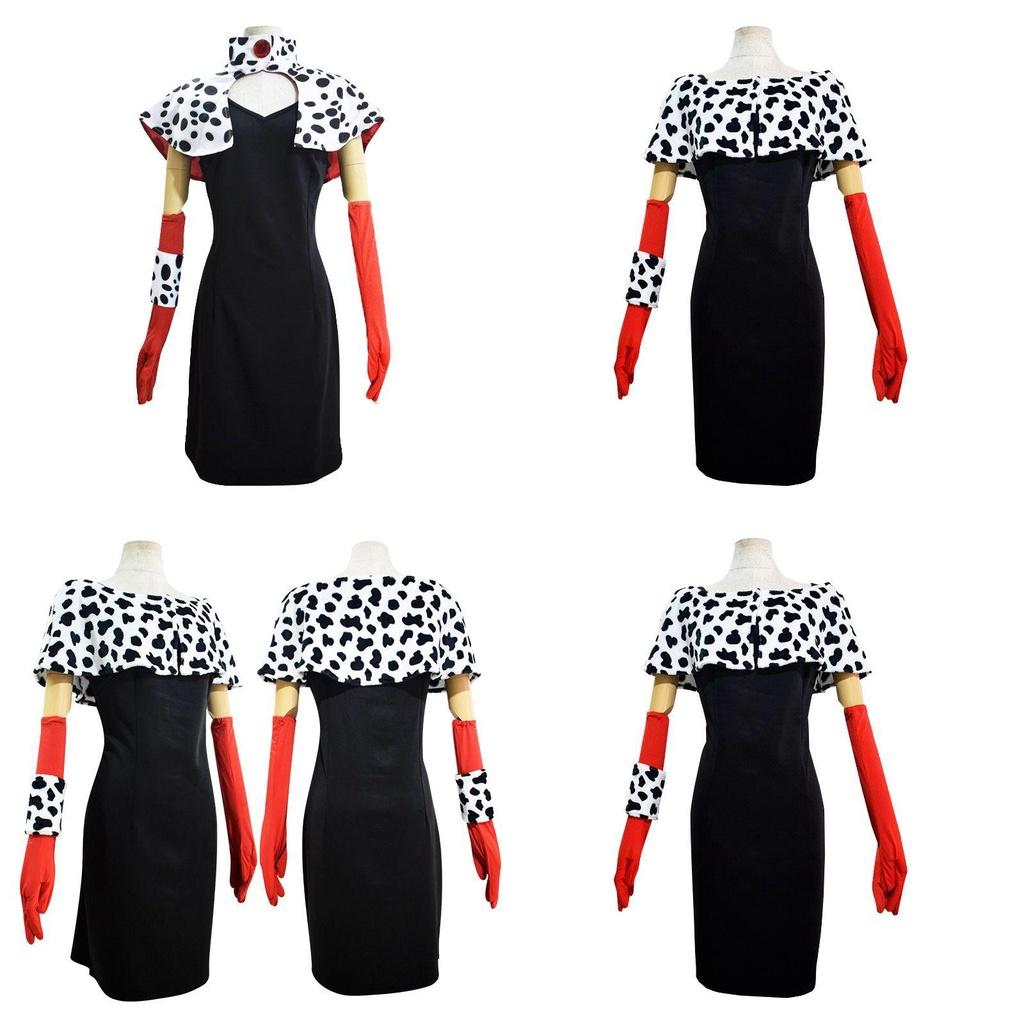 Элегантный и модный женский костюм для косплея злодейки Круэллы Де Виль, полный комплект для Хэллоуина