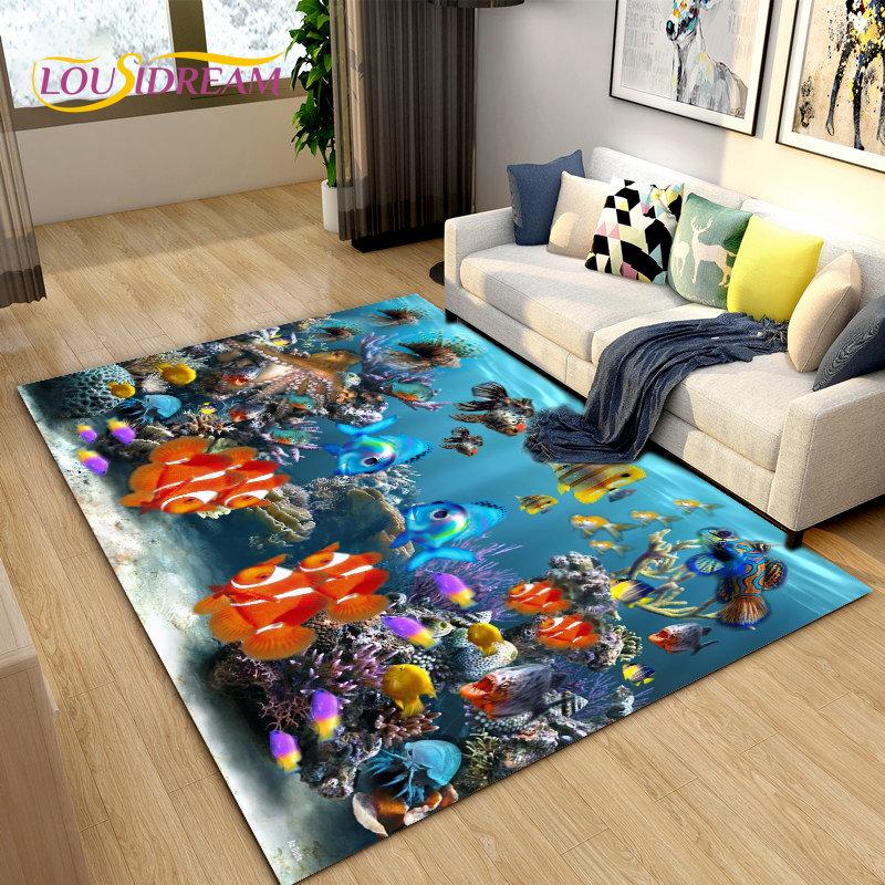 Подводный мир Морское дно Рыба Дельфин Коврик Большой, Коврик для гостиной Спальня Диван Коврик Кухня, Нескользящий напольный коврик