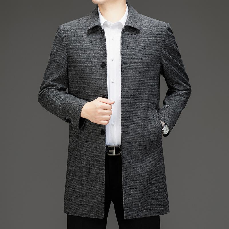 Осенне-зимняя мужская шерстяная ветровка средней длины, деловое повседневное пальто с лацканами, клетчатое пальто для пап среднего и пожилого возраста
