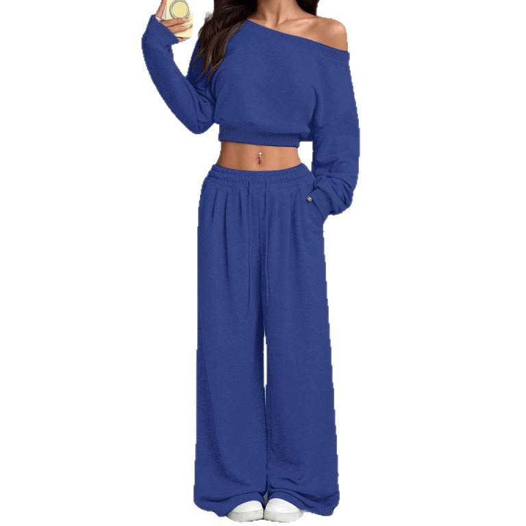 2025 Женский повседневный свитшот на одно плечо и вязаный комплект - Однотонный, Свободный крой, Варианты с коротким и длинным рукавом