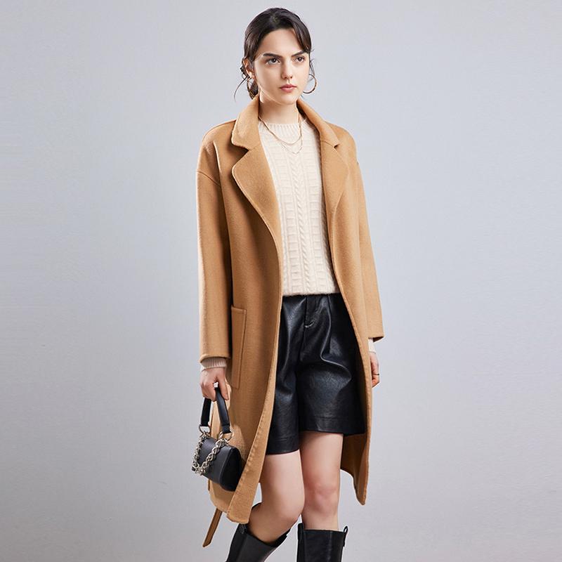 Женское длинное пальто из 100% шерсти, СОВРЕМЕННОЕ НОВОЕ Осеннее шерстяное пальто SAGA, зимнее теплое шерстяное пальто с поясом