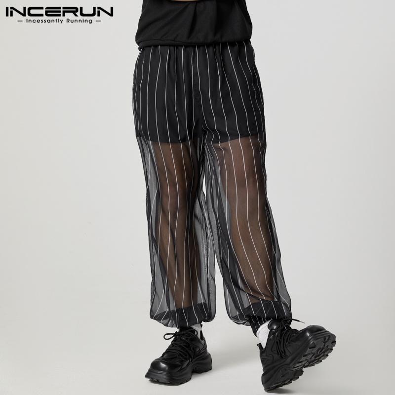 INCERUN Мужские сетчатые прозрачные брюки-пэчворк с эластичной талией, полосатые многослойные брюки-фонарики