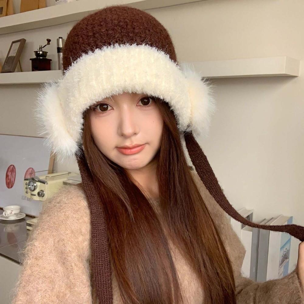 Solid Color Plush Earflap Cap Premium Plush Fluffy Warm Hat Winter Knit Hat Chilly Days