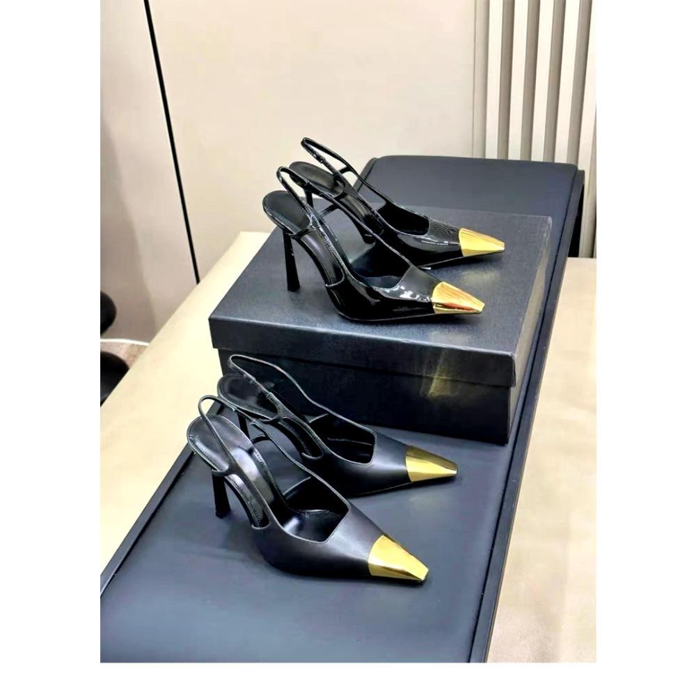Дизайнерские Женские Сандалии на Высоком Каблуке Летние Новые Металлический Квадратный Носок Лакированная Кожа Черные Туфли-лодочки на Шпильке Сексуальные Вечерние Туфли с Ремешком на Пятке