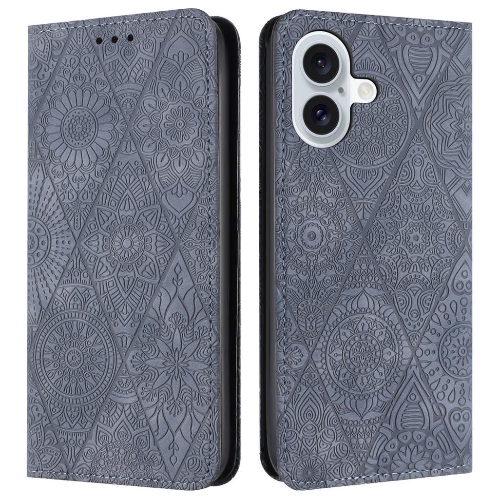 For iPhone 16 Case Imprinted Flower Wallet Stand Leather Phone Cover - Black