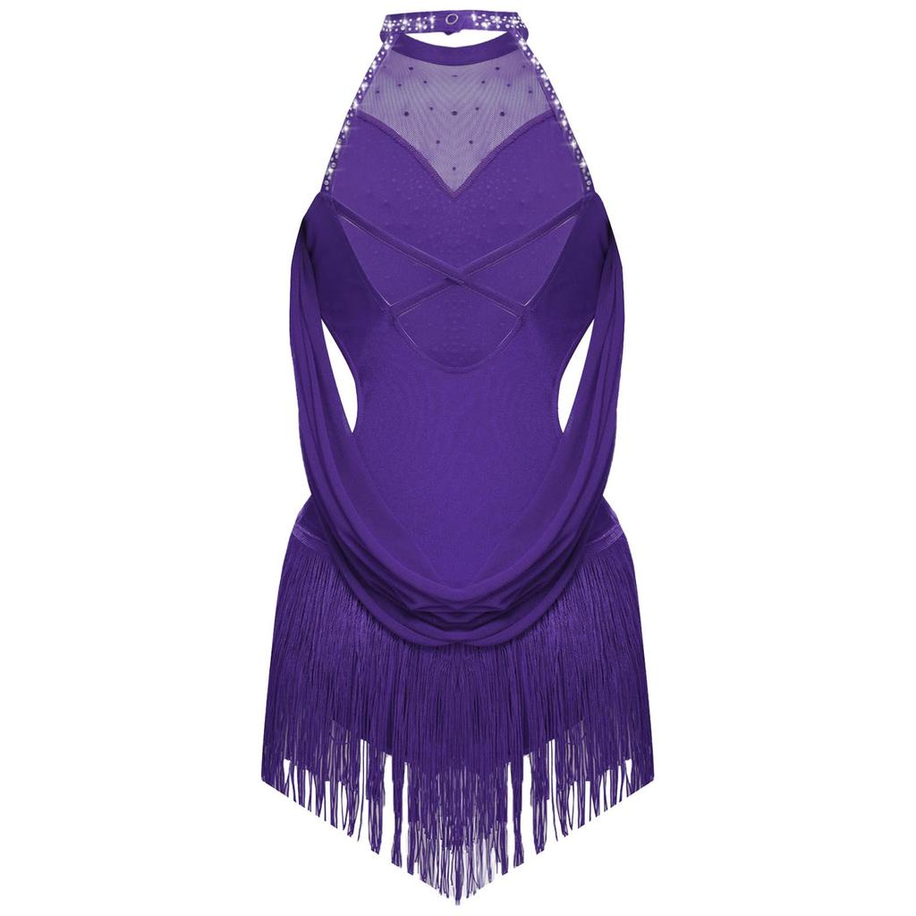 Девочки Блестящие Стразы Сборки Сетчатые Драпировки Вырез Кисточки Купальник Костюм для Латиноамериканских танцев