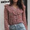 Женские модные повседневные блузки и рубашки с v-образным вырезом и длинным рукавом с цветочным принтом