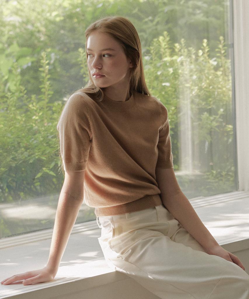 JE NE SAIS QUOI Signature Crew Neck Short Sleeve Cashmere Knit_ Mint