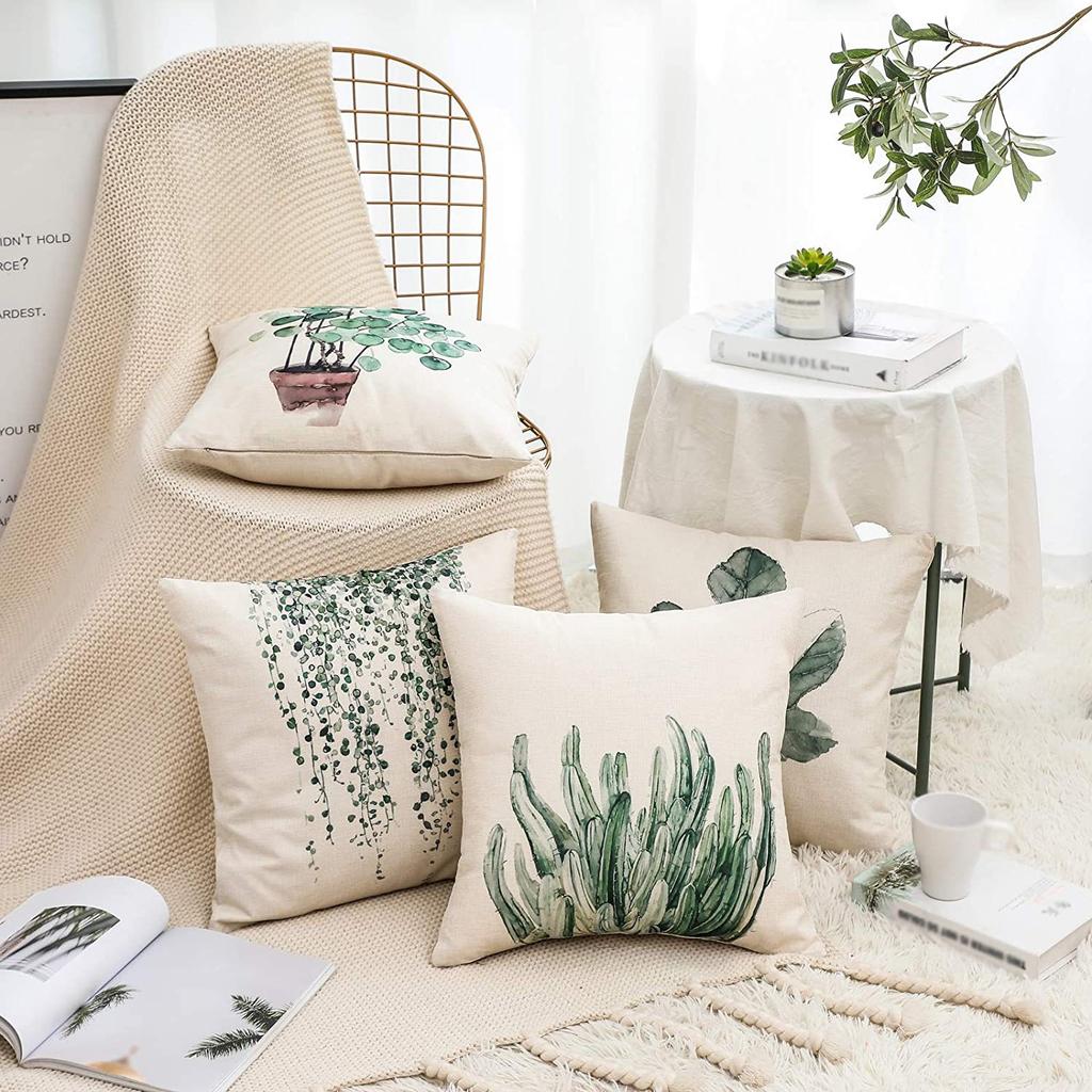 Simple Modern Green Leaves Tropical Plant Series Linen Pillowcase Nordic Small Fresh Style Cushion Cover