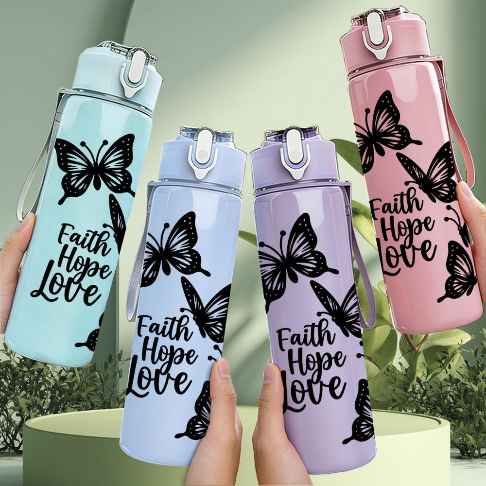 1PC Faith Hope Love Butterfly Art 750ml Color Plastic Sports Water Bottle Leakproof Flip Straw Lid Suitable for Sports Office Home Use