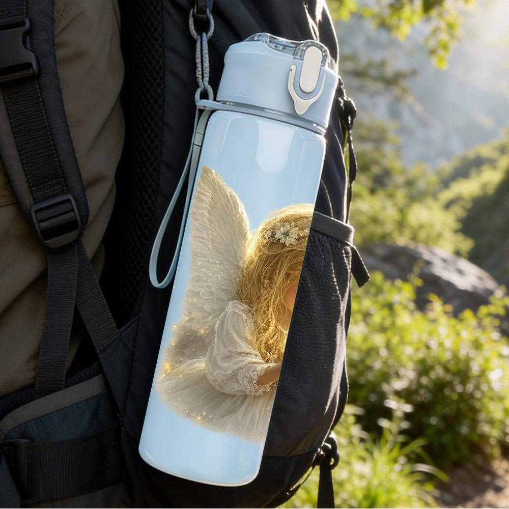 1PC Little Angel White Wing Art Print 750ml Color Plastic Sports Water Bottle Leakproof Flip Straw Lid Suitable for Sports Office Home Use
