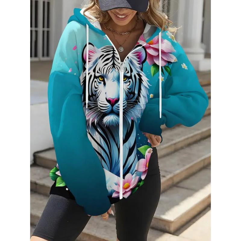 Womens Winter Zip-Up Hooded Sweatshirt With Animal Print Digital Casual Streetwear