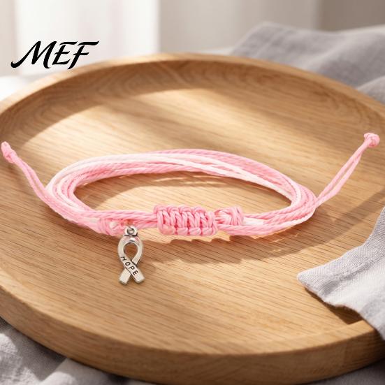 Soft Multi Strand Rope Bracelet Breast Cancer Awareness for Women, Adjustable Woven String with Bracelets Ribbon Charm, Handmade Braided Wristband