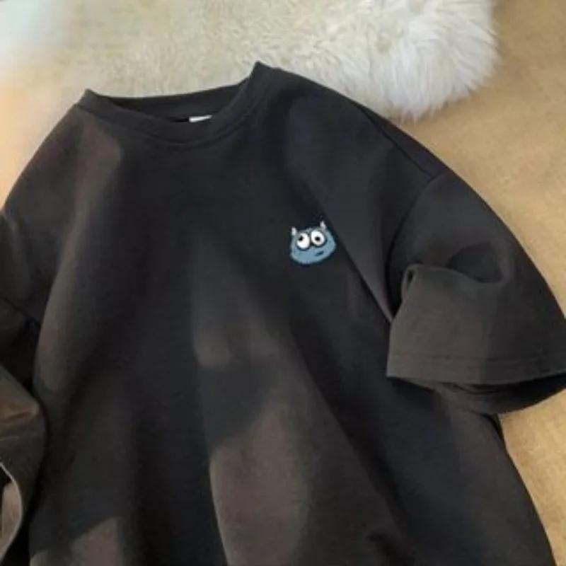 8XL Men Oversize Fashion Loose American Vintage Plush Little Monster Print Short Sleeve Round Neck Versatile Trend Couple Outfit