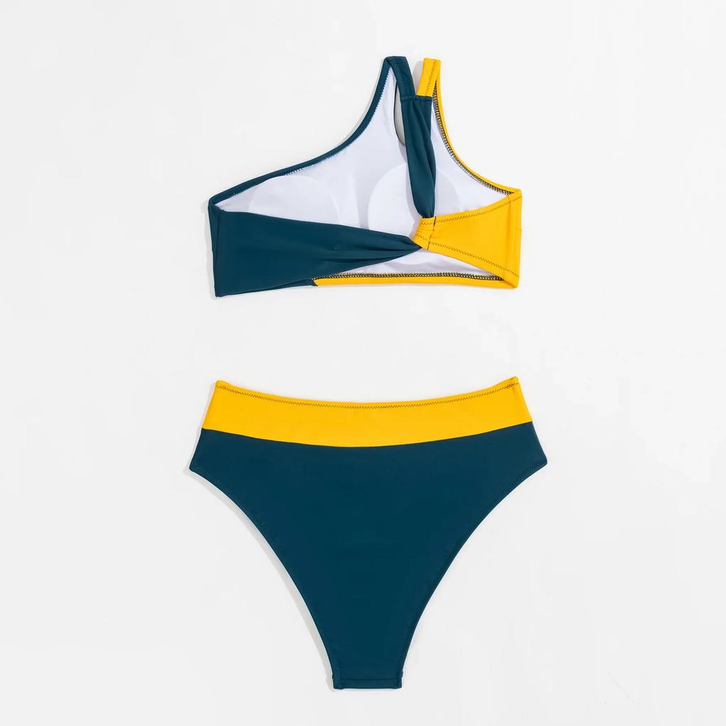 Сексуальный купальник бандо пуш-ап женский лоскутный купальник из 2 частей на одно плечо с высокой талией купальный костюм женская пляжная одежда