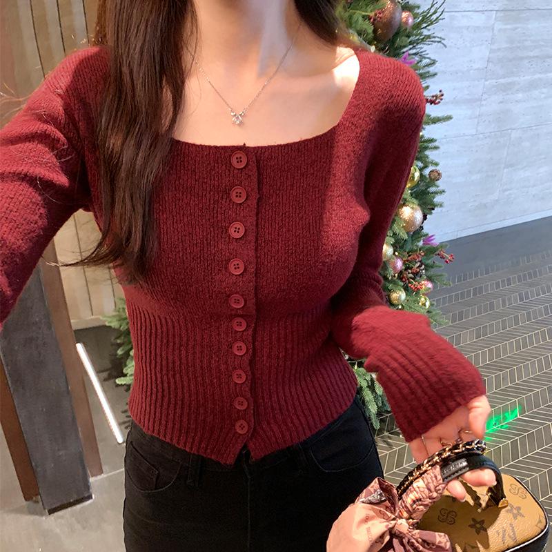 Женский облегающий вязаный кардиган - квадратный воротник, длинный рукав, короткая талия для осени/зимы