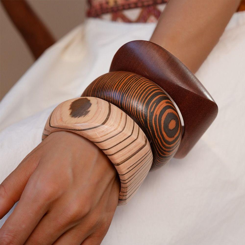 Europe American Style Wood Wide Bangle Minority Design Retro Hand Ring Women